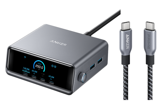 Caricabatterie Anker Prime (250 W, 6 porte, GaNPrime)+Cavo Anker Prime da USB-C a USB-C (240 W, intrecciato riciclato)