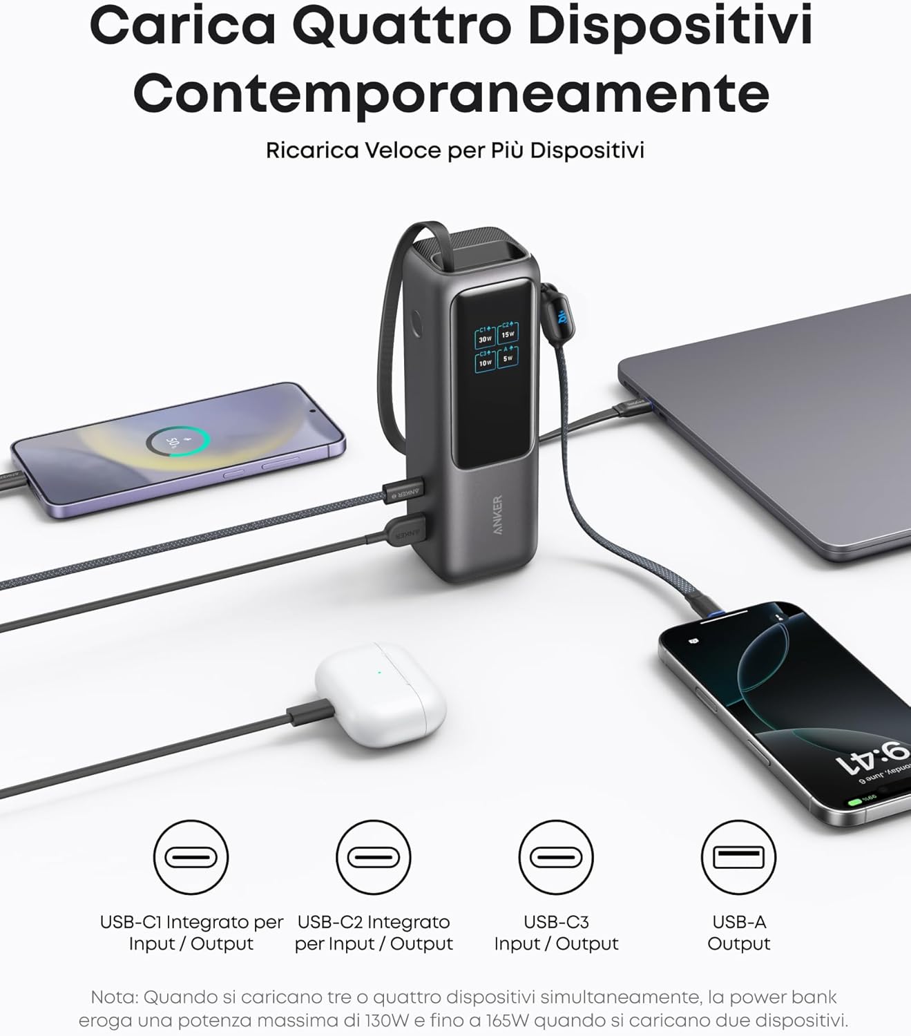 Anker Laptop Power Bank (25K, 165W, cavi integrati e retrattili)