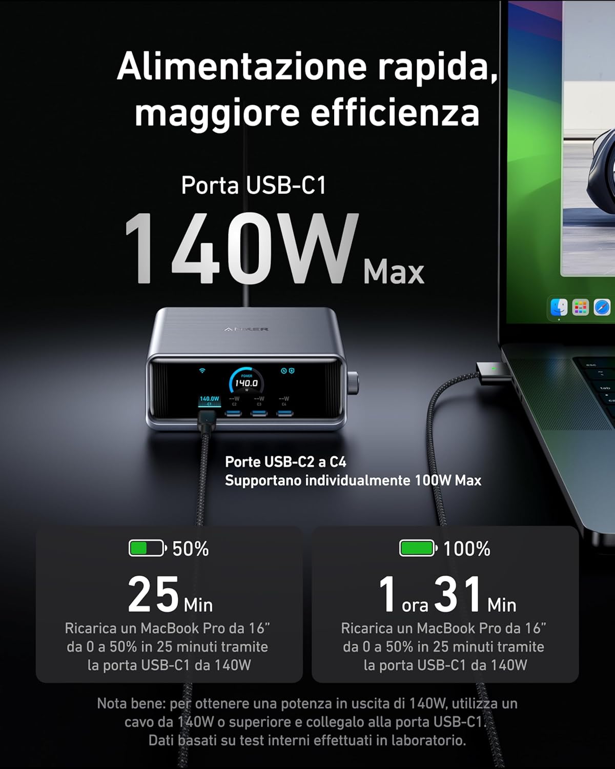 Caricabatterie Anker Prime (250 W, 6 porte, GaNPrime)+Cavo Anker Prime da USB-C a USB-C (240 W, intrecciato riciclato)