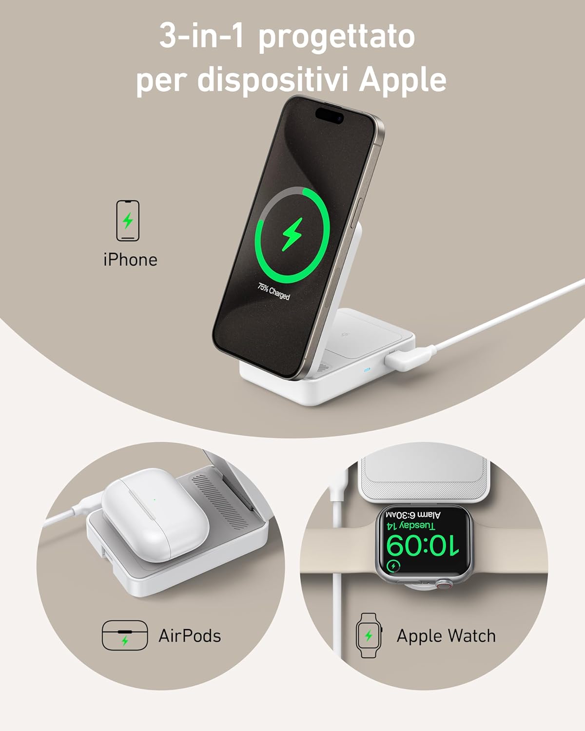 Stazione di ricarica wireless Anker MagGo ricondizionata (3‑in‑1 pieghevole)