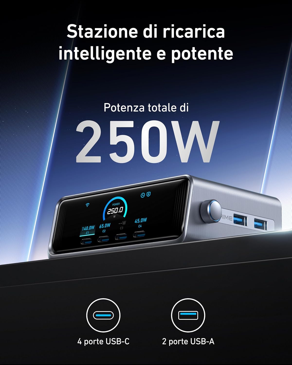 Caricabatterie Anker Prime (250 W, 6 porte, GaNPrime)+Cavo Anker Prime da USB-C a USB-C (240 W, intrecciato riciclato)