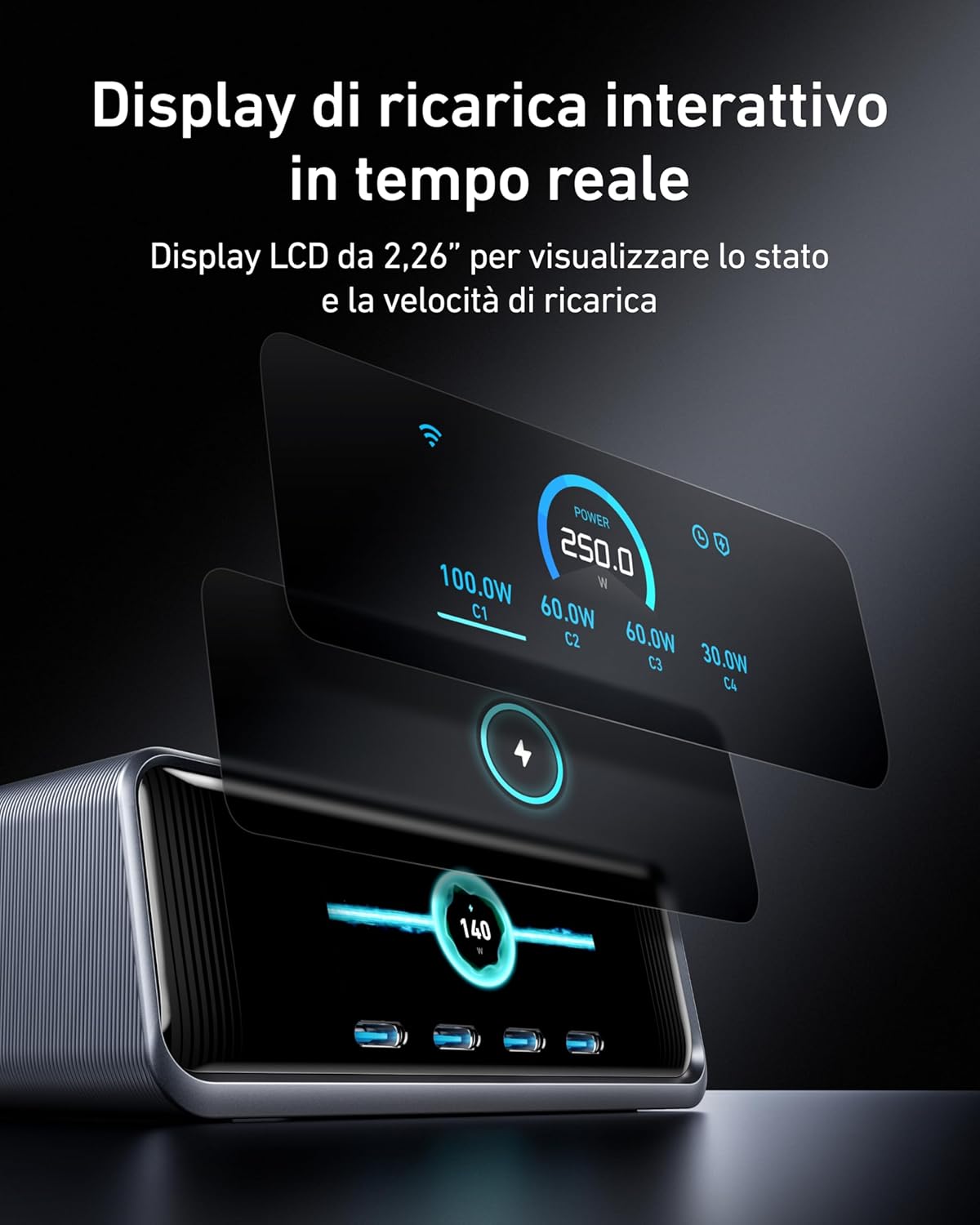 Caricabatterie Anker Prime (250 W, 6 porte, GaNPrime)+Cavo Anker Prime da USB-C a USB-C (240 W, intrecciato riciclato)