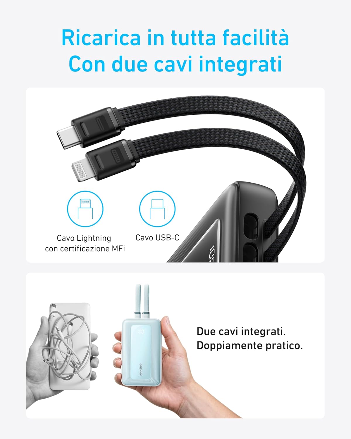Anker Zolo Powerbank (10000mAh, con doppio cavo USB-C integrato)