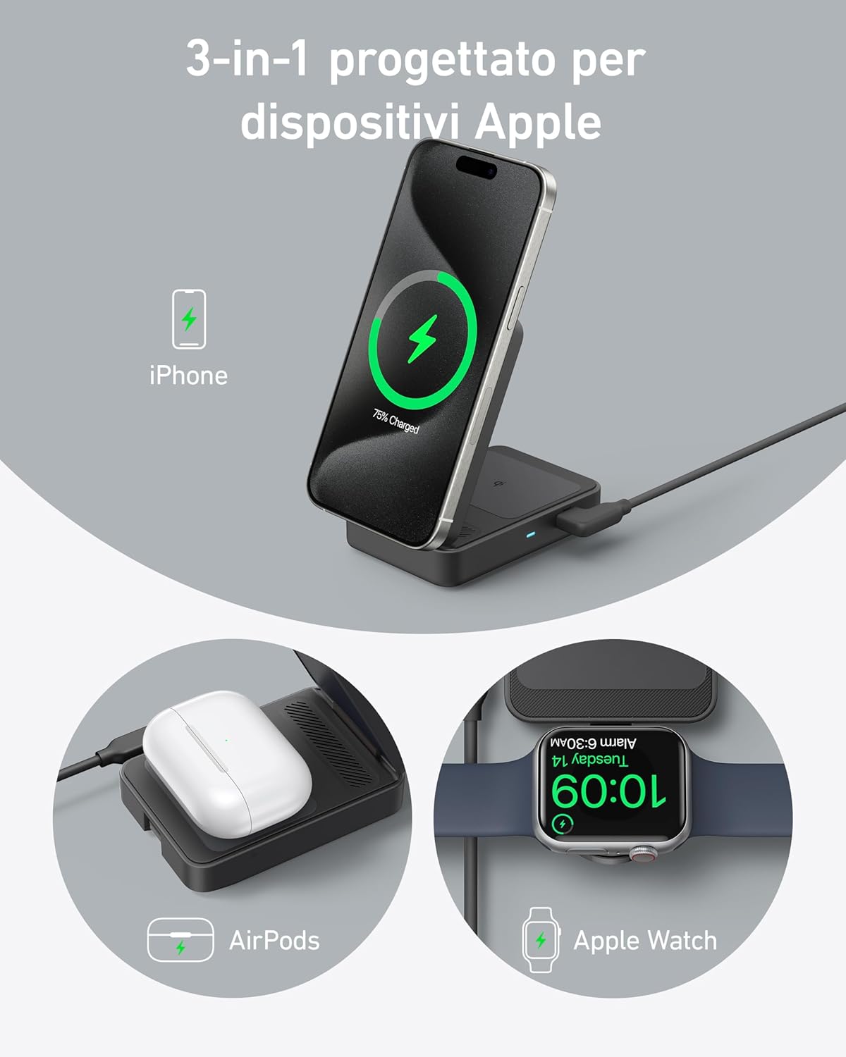 Stazione di ricarica wireless Anker MagGo ricondizionata (3‑in‑1 pieghevole)