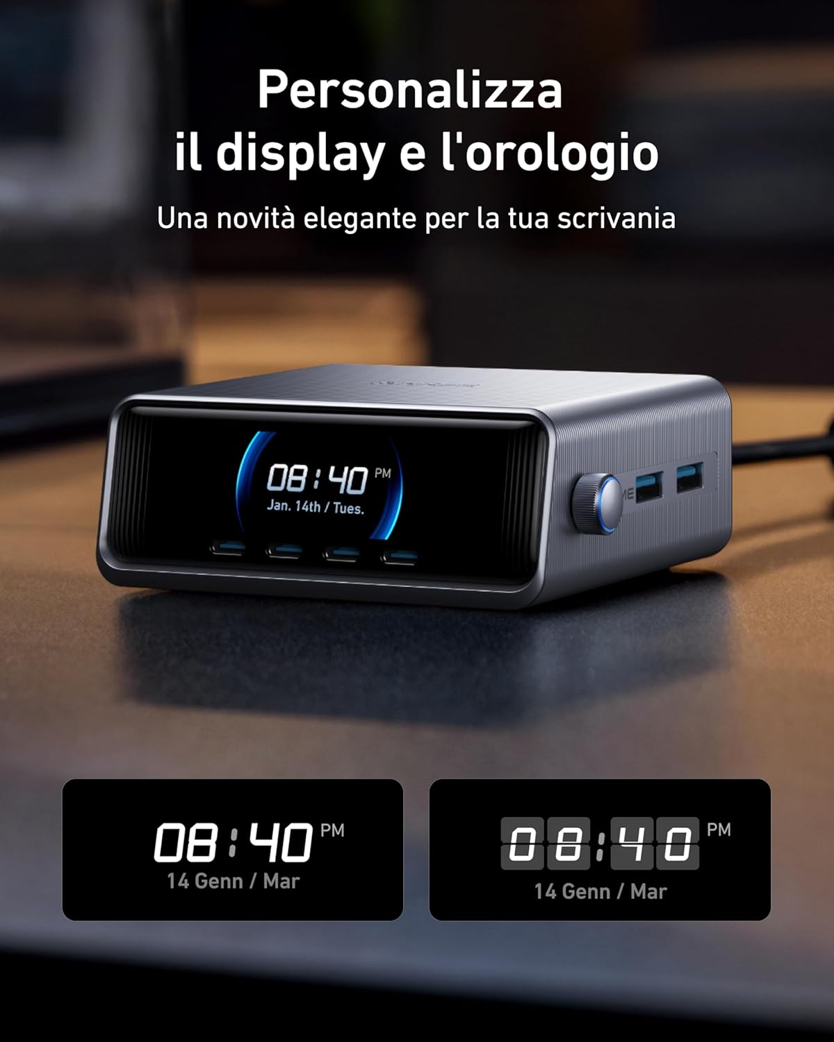 Caricabatterie Anker Prime (250 W, 6 porte, GaNPrime)+Cavo Anker Prime da USB-C a USB-C (240 W, intrecciato riciclato)