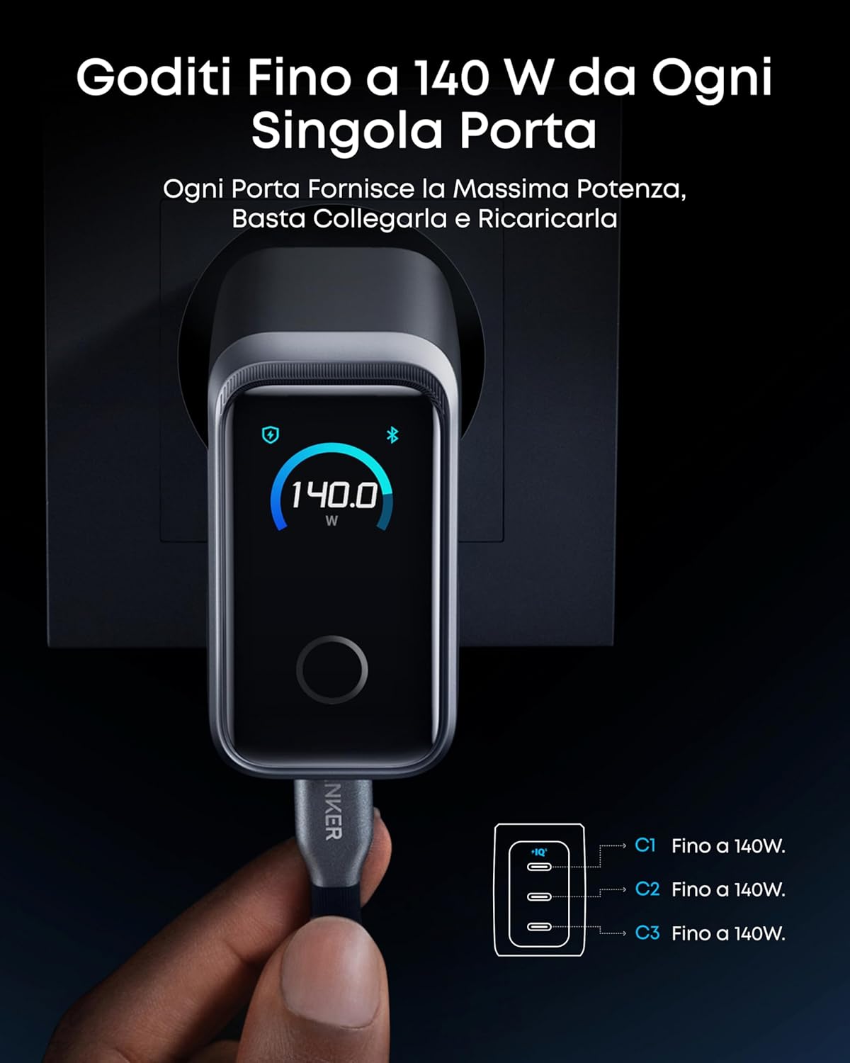 Anker Prime Caricatore (160W, 3 Porte, Display Intelligente)