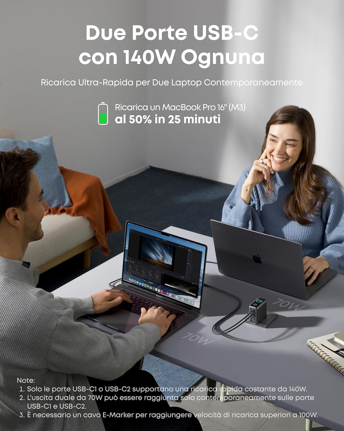 Anker Laptop Power Bank (25K, 165W, cavi integrati e retrattili)+Caricabatterie Anker per laptop (140 W, 4 porte, PD 3.1) con cavo USB-C