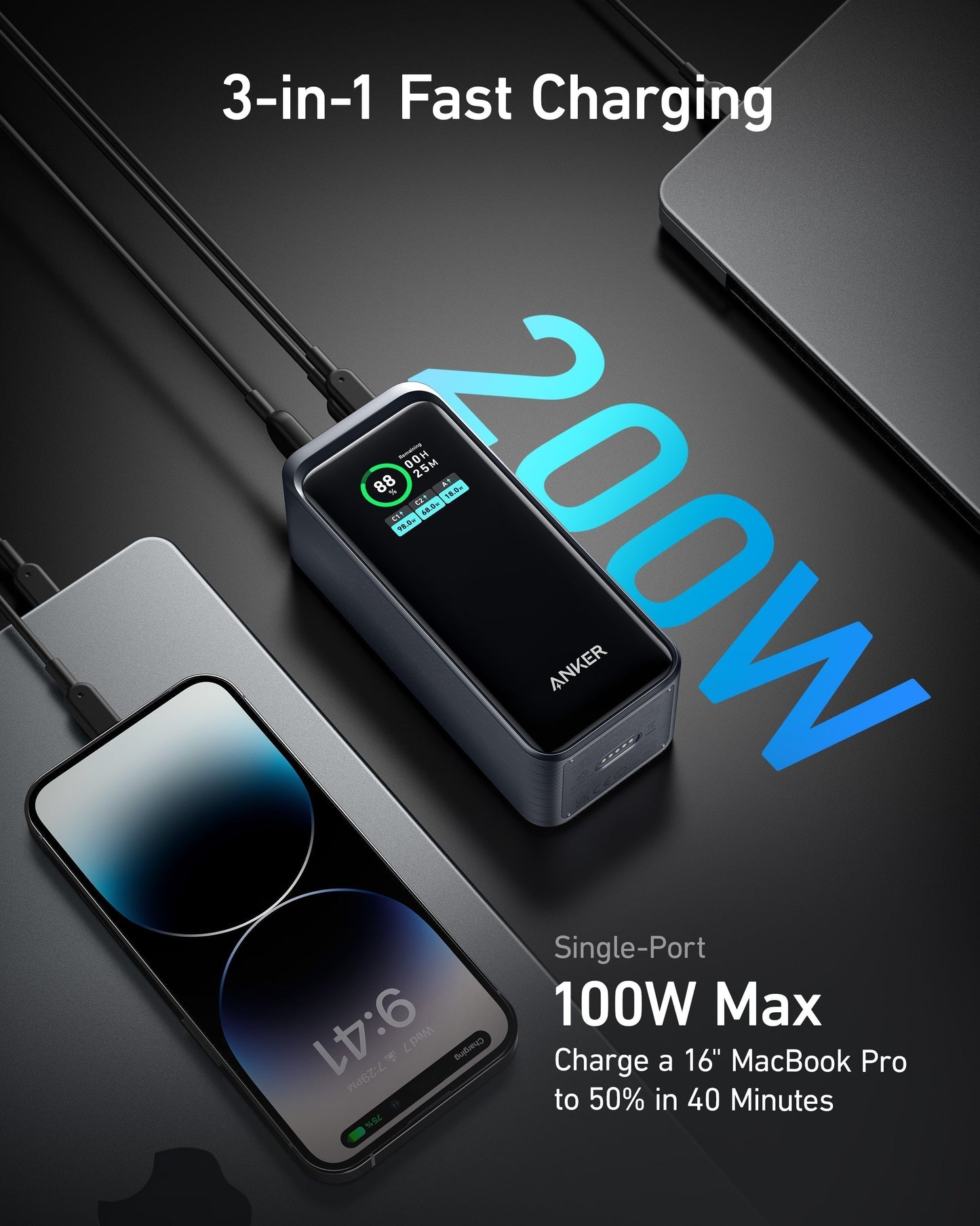 Power bank Anker Prime da 20.000 mAh (200 W)+Base di ricarica Anker da 100 W per Anker Prime Power Bank