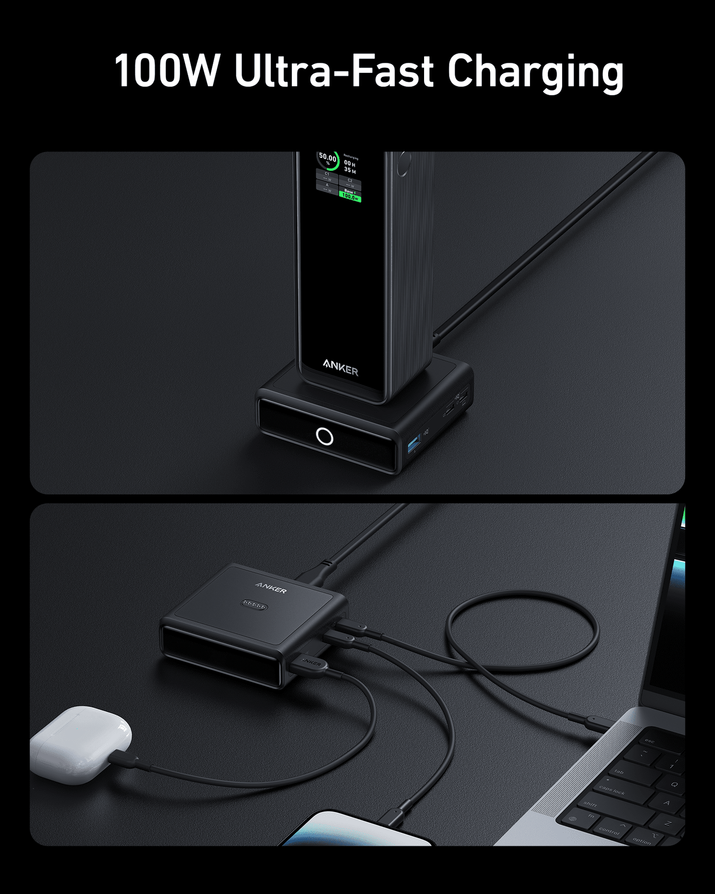 Power bank Anker Prime da 20.000 mAh (200 W)+Base di ricarica Anker da 100 W per Anker Prime Power Bank