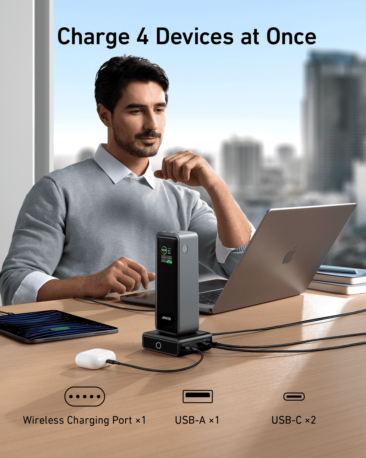 Power bank Anker Prime da 20.000 mAh (200 W)+Base di ricarica Anker da 100 W per Anker Prime Power Bank