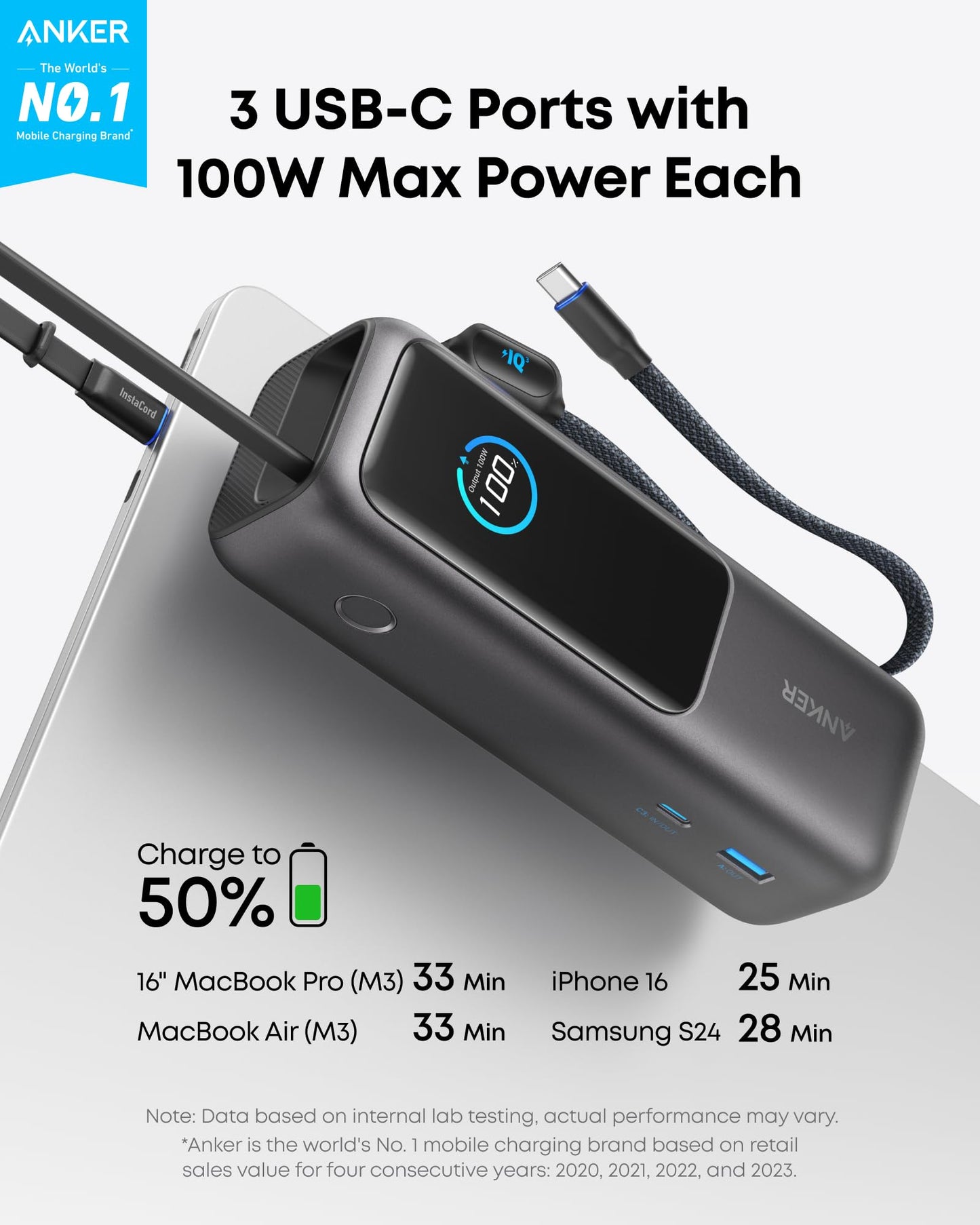 Anker Laptop Power Bank (25K, 165W, cavi integrati e retrattili)+Caricabatterie Anker per laptop (140 W, 4 porte, PD 3.1) con cavo USB-C